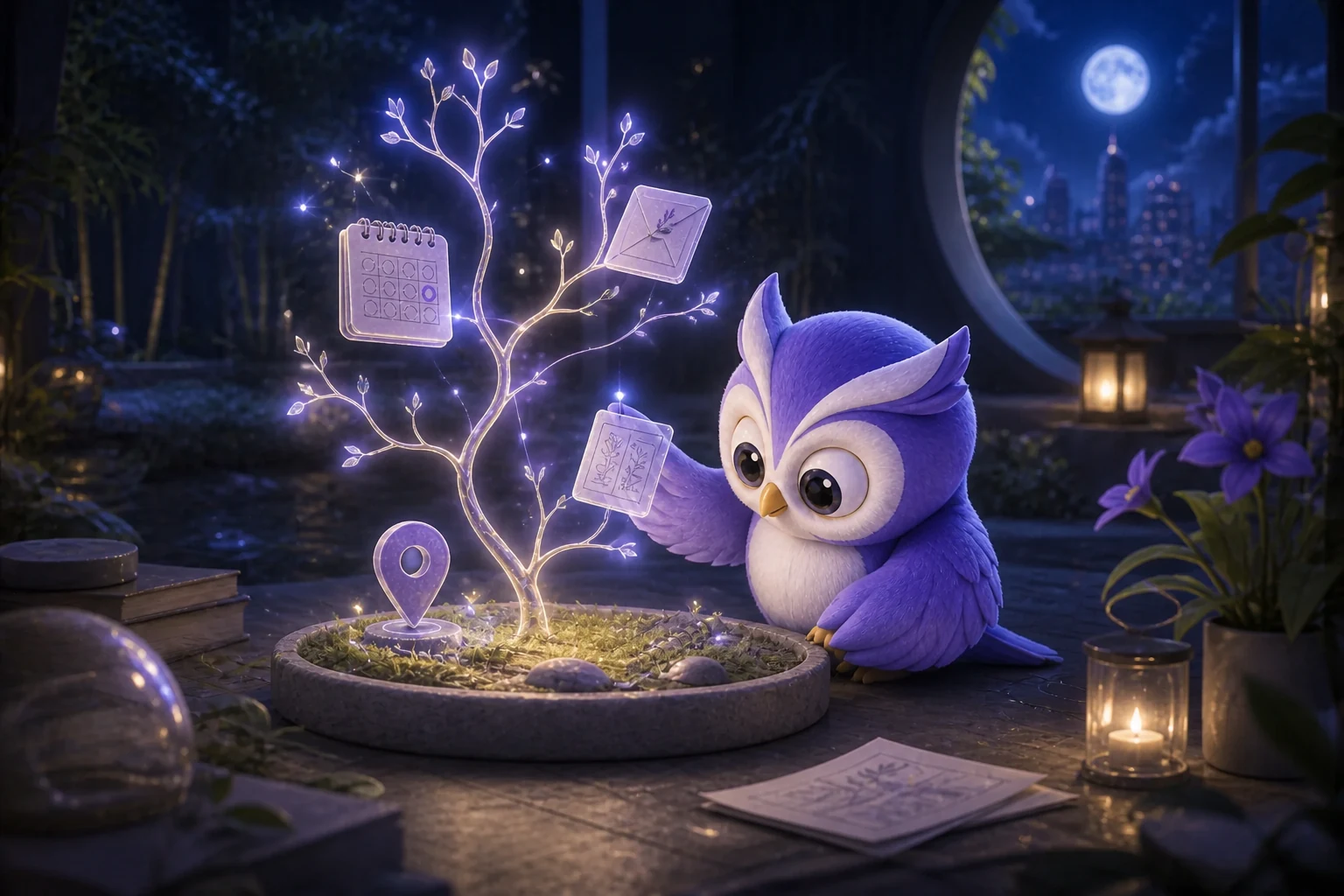 Ling nurturing calendar, place, and note memories into a luminous tree in a moonlit garden